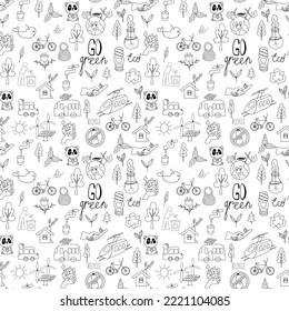 Patrón de doodle ecológico sin fisuras para envolver papel, textil, tela, papel pintado. Ilustración vectorial ecológica