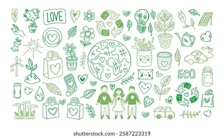 Eco doodle set with earth, recycling, plants, people, hearts, green, sustainability, outline illustration