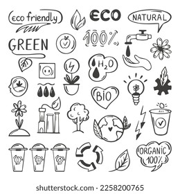 Eco doodle set. Ecology energy and electricity doodles. Environmental saving sketch elements. Green and recycle, neoteric bio nature vector hand drawn clipart