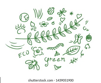Eco Doodle Set Isolated On White/ Green Concept Background