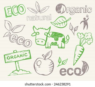 Eco Doodles - hand-drawn pictures that can be used to illustrate ecological topics or organic farming and healthy food.