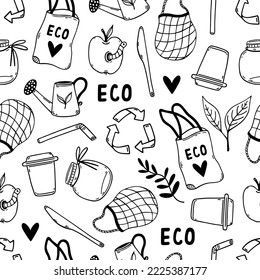 Eco doodles seamless vector pattern. Symbols of environmental care - recycling, reusable tableware, organic products. Go green, zero waste. Natural eco-friendly concept. Background for wallpaper, web