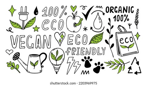 Eco doodles vector set. Symbols of environmental care - bioenergy, recycling, organic food. Go green, zero waste. Biopower, natural product. Illustration isolated on white. Clipart for posters, print