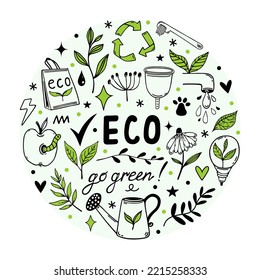 Juego de vectores de doodles ecológicos. Símbolos del cuidado ambiental - reciclaje, ahorro de agua, energía natural. Vamos verde, cero desperdicio. Emblema biológico. Esbozo simple aislado en blanco. Clipart para afiches, impresiones, tarjetas