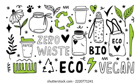 Eco doodles vector set. Symbols of environmental care - zero waste, reusable tableware, recycling, natural energy. Bio emblem, go green. Simple outline isolated on white. Clipart for print, logo 