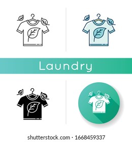 Eco dry cleaning icon. Clothes professional washing, laundry service. Organic detergent, natural stain remover use, delicate cleaning. Linear black and RGB color styles. Isolated vector illustrations