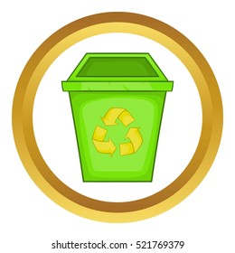 Eco dustbin vector icon in golden circle, cartoon style isolated on white background