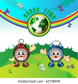 Eco Earth  , cartoon clocks, flowers, butterflies and rainbow