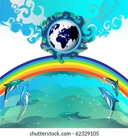 Eco Earth, clean water, diving dolphin