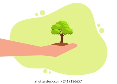 Eco Earth Day. Hand holding a tree. Environmentally friendly and sustainable concept with planting trees. Vector illustration flat design style
