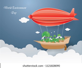 Eco earth day and world environment day with Wild animals in Barque and tied with red balloon in the sky ,vector and illustration.