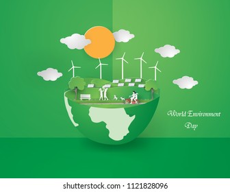 Eco earth day and world environment day with Green city on Green background,illustration and paper craft style.