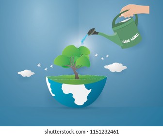 Eco earth day and world environment day with Watering the Green tree on the earth,paper craft  and illustration.
