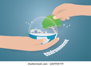 Eco earth day and world environment day concept with Elephants in world on hand,paper craft style vector and illustration 