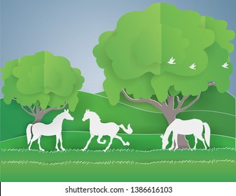 Eco earth day and world environment day with Animals  wildlife,Horse in the green forest on spring season, vector and paper craft style, vector and illustration.