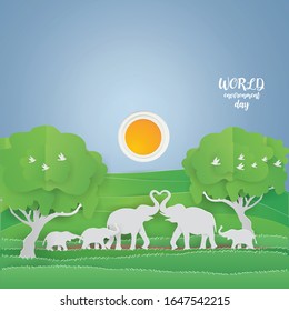 Eco earth day and world environment day with Elepant family in green forest on nature background,paper craft modern style illustration.