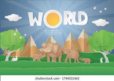 Eco earth day and world environment day with Elepant family in green forest on nature background,paper craft modern style illustration.