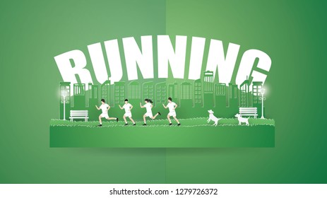 Eco earth day and world environmentally friendly day concept.Man and Woman running on the green grass,Forest background,Vector and illustration
