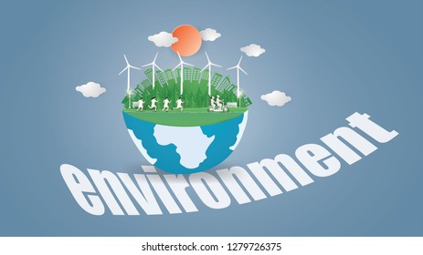 Eco earth day and world environmentally friendly day concept with People on Green forest background ,paper craft and illustration.