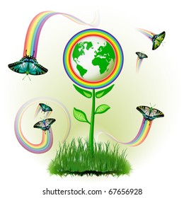 Eco Earth flowers, garden, butterflies with rainbow jets