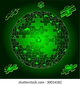 Eco earth with flying puzzle pieces and eco icons. vector. jpeg also available in my port.