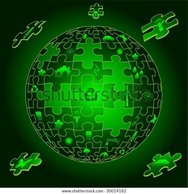 Eco earth with flying puzzle pieces\
and eco icons. vector. jpeg also available in my\
port.