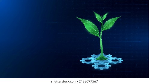 ECO Ecology. Green seedling polygonal futuristic glowing on cogwheels gears. Clean energy alternative environment nature technology concept. Empty space for text. Vector EPS10.