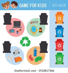 Eco educational game for kids. Cut and glue. What trash will end up in the container. Garbage sorting waste segregation concept. Worksheet vector illustration 