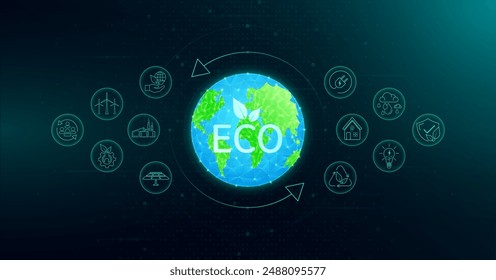 Eco efficiency. World surround arrow with icon ecology. Clean energy alternative future. On hi tech digital green background. environment nature energy technology. Vector.