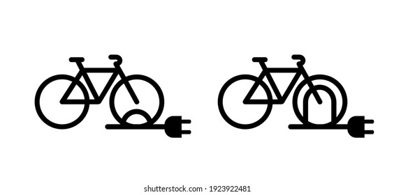 Eco electric bicycle parking space zone, e-bike charge sign. Electric plug, bike to parking stand area battery charger. Bikes on a bicycle power station charging point symbol. Flat vector ebike signs.