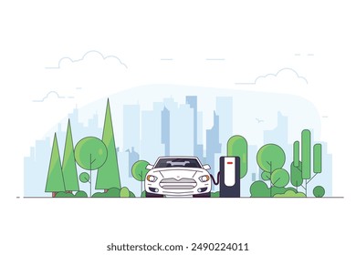 Eco electric car charging in the park, near nature. City with skyscrapers on background, clouds and trees with park. Trees and park, nature green energy. Future of transport and transportation.