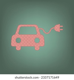 Eco electric car sign. Apricot Icon with Brick Red parquet floor graphic pattern on a Ebony background. Feldgrau. Green. Illustration.