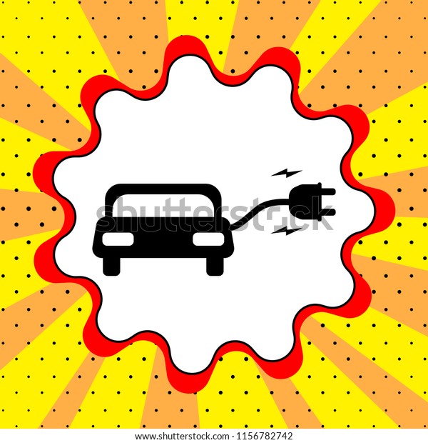 Eco electric car sign. Black icon in a\
bubble on a yellow background pop art.\
Vector.