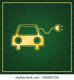 Eco electric car sign. Golden icon with gold contour at dark green gridded white background. Illustration.