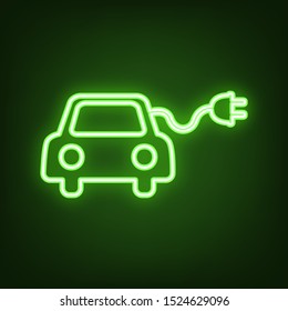 Eco electric car sign. Green neon icon in the dark. Blurred lightening. Illustration.