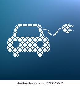 Eco electric car sign. Vector. White textured icon at lapis lazuli gradient background.