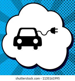 Eco electric car sign. Vector. Black icon in bubble on blue pop-art background with rays.