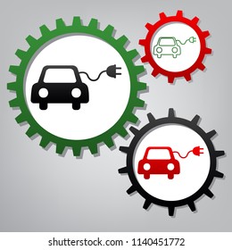 Eco electric car sign. Vector. Three connected gears with icons at grayish background.