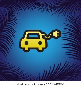 Eco electric car sign. Vector. Golden icon with black contour at blue background with branches of palm trees.