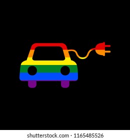 Eco electric car sign. Vector. Icon with colors of LGBT flag at black background.