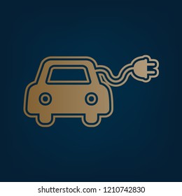 Eco electric car sign. Vector. Golden icon and border at dark cyan background.