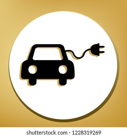 Eco electric car sign. Vector. Black icon with light brown shadow in white circle with shaped ring at golden background.