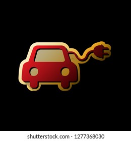 Eco electric car sign. Vector. Red icon with small black and limitless shadows at golden sticker on black background.