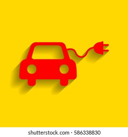 Eco electric car sign. Vector. Red icon with soft shadow on golden background.