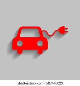 Eco electric car sign. Vector. Red icon with soft shadow on gray background.