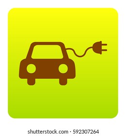 Eco electric car sign. Vector. Brown icon at green-yellow gradient square with rounded corners on white background. Isolated.