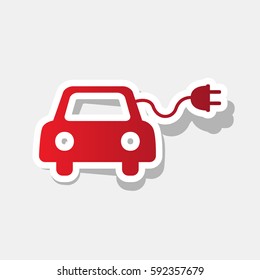 Eco electric car sign. Vector. New year reddish icon with outside stroke and gray shadow on light gray background.