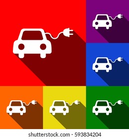 Eco electric car sign. Vector. Set of icons with flat shadows at red, orange, yellow, green, blue and violet background.