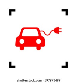 Eco electric car sign. Vector. Red icon inside black focus corners on white background. Isolated.