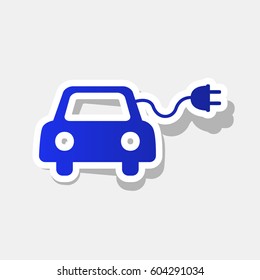 Eco electric car sign. Vector. New year bluish icon with outside stroke and gray shadow on light gray background.